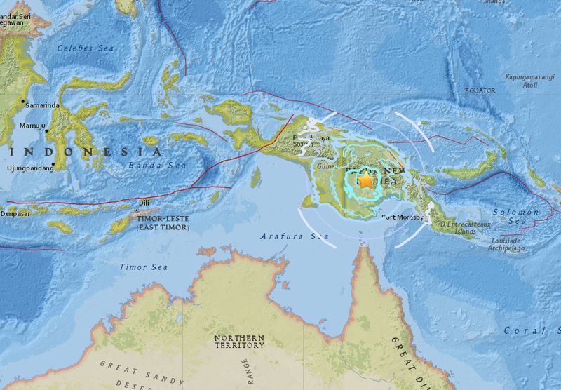 巴布亞紐幾內亞5日清晨發生規模6.0的地震，震源深度10公里。   圖：取自美國地質調查所網頁earthquake.usgs.gov