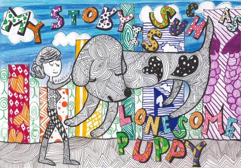 基隆市將於3月20日至4月8日展出「2018從亞利安回地球的路上-亨利潘思覺彩繪創作展」，這是一群自閉症的孩子手繪敘述式畫風的作品展示，其中一項作品名稱是「我看寂寞的大狗」。   圖：基隆市文化局/提供