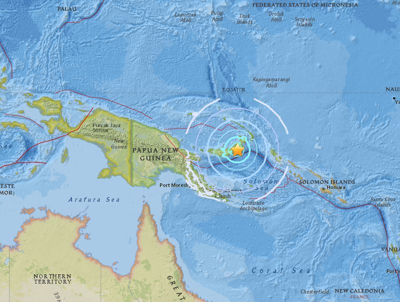 根據美國地質調查所（USGS）的觀測資料顯示，震央在拉布爾（Rabaul）西南方大約180公里處，震源深度為60公里。太平洋海嘯警報中心（Pacific Tsunami Warning Center）指出，不預期會發生毀滅性海嘯。   圖：翻攝自USGS網頁（earthquake.usgs.gov）