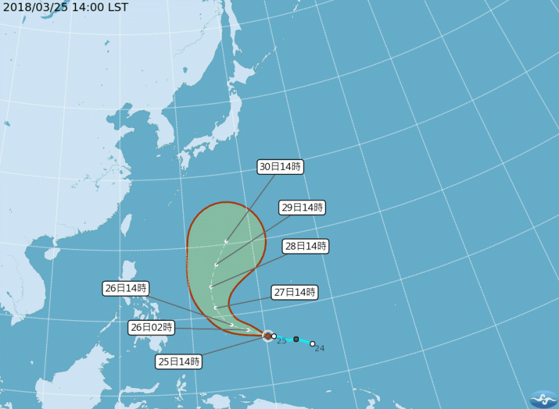 目前鯉魚颱風距離鵝鑾鼻東南方約2700公里，向西北西方向移動，預估對台灣天氣無直接影響。   圖：中央氣象局／提供