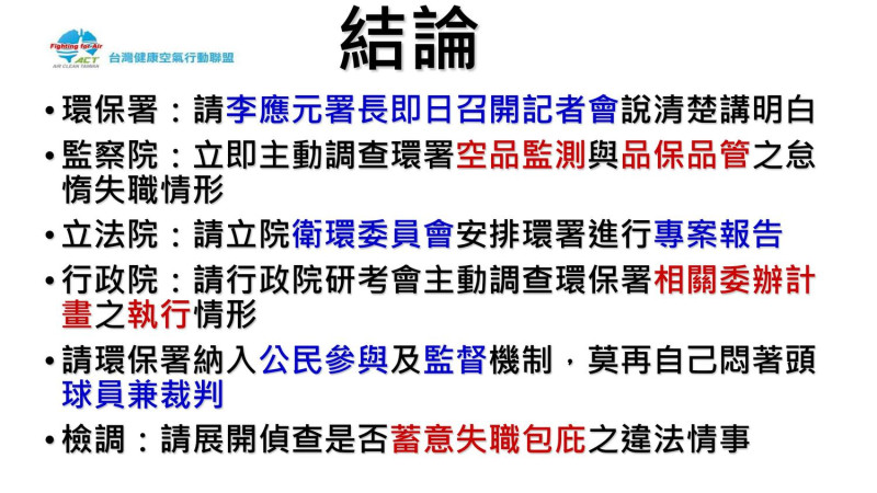 環團要求政府直視問題，盡快回應並盡速調查監測站後的「真相」。   圖：台灣健康空氣行動聯盟／提供