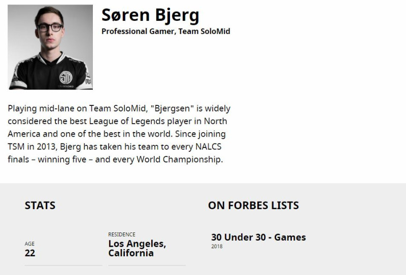 手Bjergsen除了在「名人（CELEBRITIES）」入選外，在「遊戲（GAMES）」類別也有上榜，可見其名氣及影響力相當驚人。   圖：翻攝自 富比士 官網