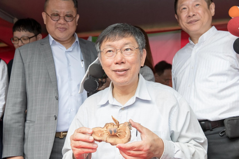 台北市長柯文哲於體驗活動中製作的竹螃蟹。   圖 ：台北市政府產業發展局提供