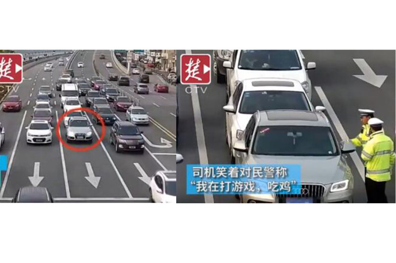中國男子等紅燈時竟玩《絕地求生》卻玩到渾然忘我，導致後方車輛仍無法動彈，大排長龍。   圖：翻攝自 楚天都市報 官方影片