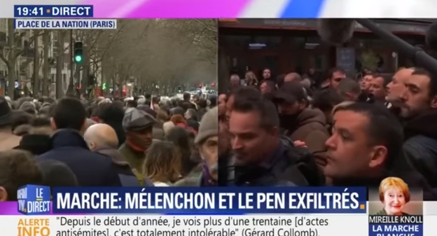 法國巴黎今天有數萬人走上街頭「無聲遊行」，悼念85歲的猶太老婦諾爾（Mireille Knoll）。諾爾據信在一起反猶太攻擊事件中喪生。   圖 : 翻攝自BMFHTV