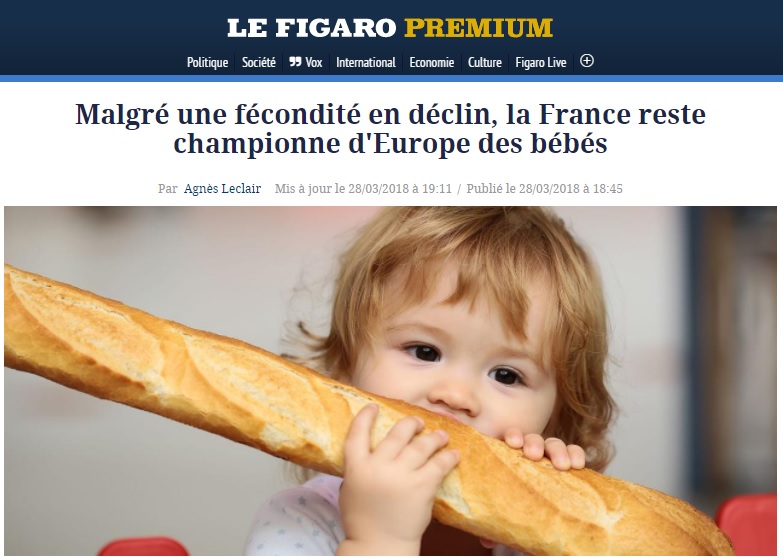 根據調查，法國2016年總生育率持續下滑，但仍是歐盟國家中最高。   圖：翻攝Le Figaro官網