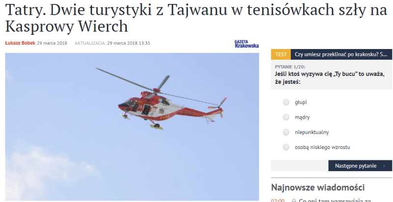 波蘭媒體大幅報導，2名台灣女性穿運動鞋攀登塔特拉山脈受困新聞，最後2人靠直升機救援才脫困。   圖：翻攝波蘭《GAZETA KRAKOWSKA》