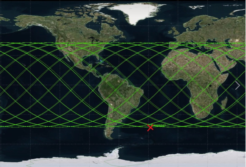 科技部於31日下午 3 點發文表示，紅色X記號為最新的墜落地點，位在非洲與南美洲之間的大西洋。   圖：翻攝自科技部