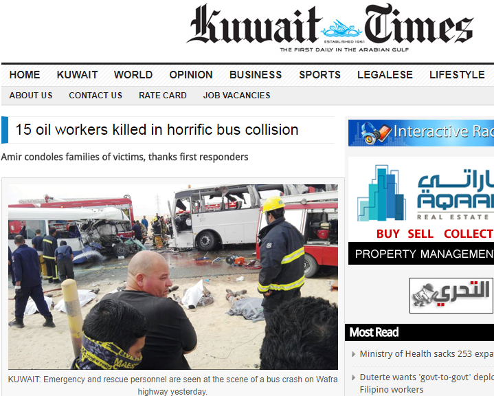 《科威特時報》報導，當地布爾幹油田附近公路發生巴士對撞意外，至少有15名石油工人死亡。   圖：翻攝《科威特時報》