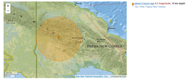 地牛翻身！歐洲與地中海地震中心（EMSC）表示，巴布亞紐幾內亞偏遠高地今 (7) 日發生規模6.5淺層地震。   圖：翻攝自earthquaketrack.com