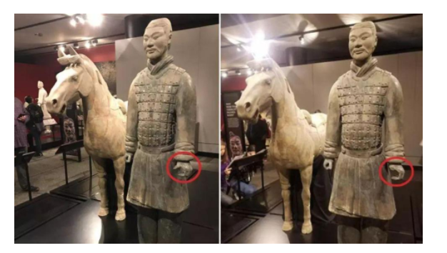 日前，中國兵馬俑文物在美國費城富蘭克林學會博物館展出時，竟被遊客破壞並盜走手指的事件，引起各界關注。作案男子已遭逮捕，但其行為也讓費城市政府正式向中方進行書面道歉。   圖：翻攝自環球網