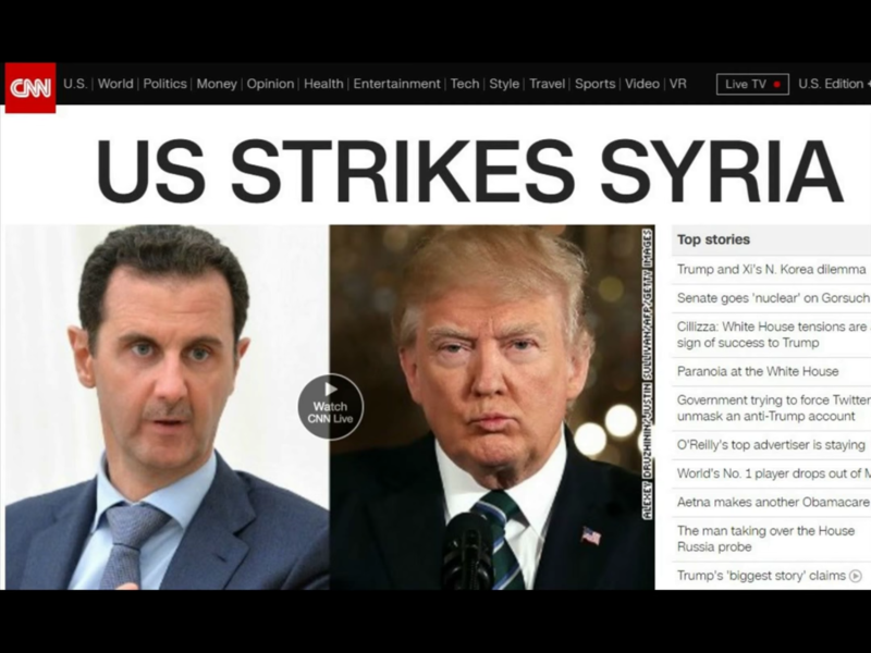 由於美國總統川普（右）9日誓言將在「接下來24-48小時」內做出決定，將讓敘利亞「付出巨大代價」的最後通牒期限已過，全世界都在屏息以待接下來情勢會有什麼樣的發展。圖左為敘利亞總統阿塞德。   圖：翻攝自CNN網站