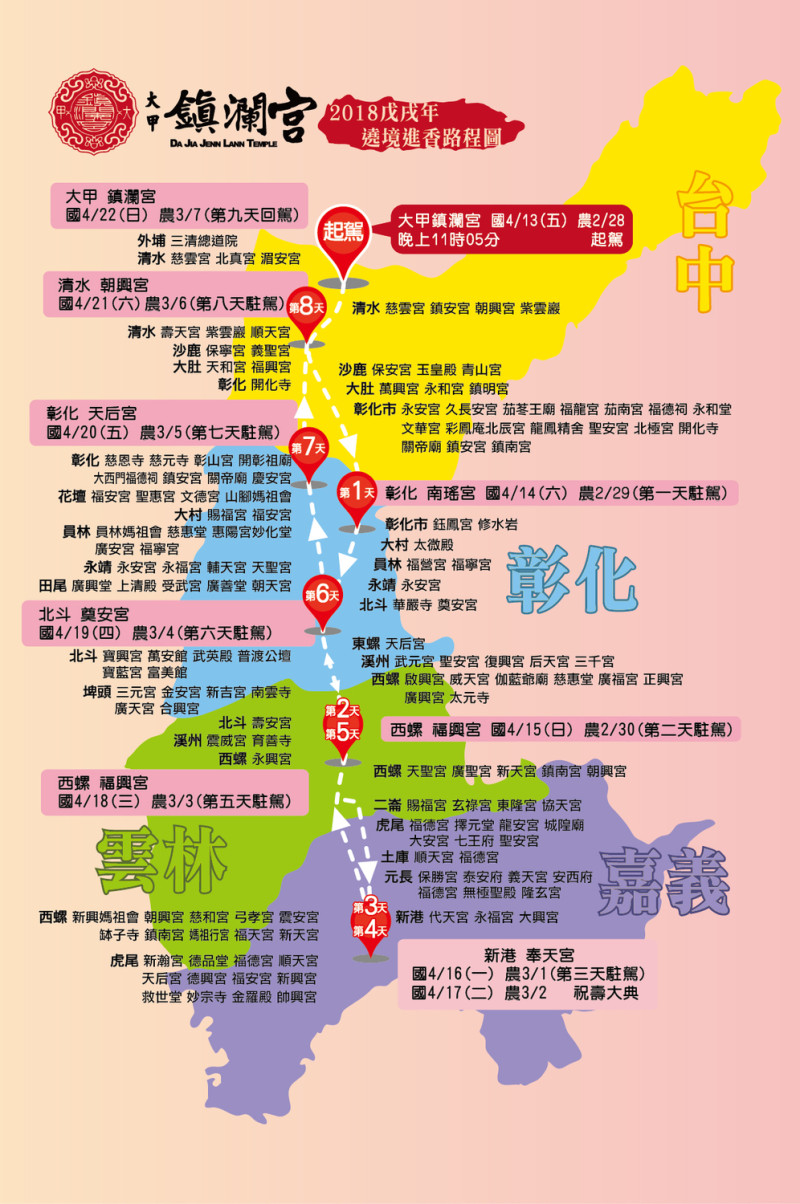 大甲媽祖遶境總共9天8夜的遶境行程，全程長達300多公里的路程，真實感受台灣特有「三月瘋媽祖」民俗文化之特色！   圖：大甲鎮瀾宮官網提供