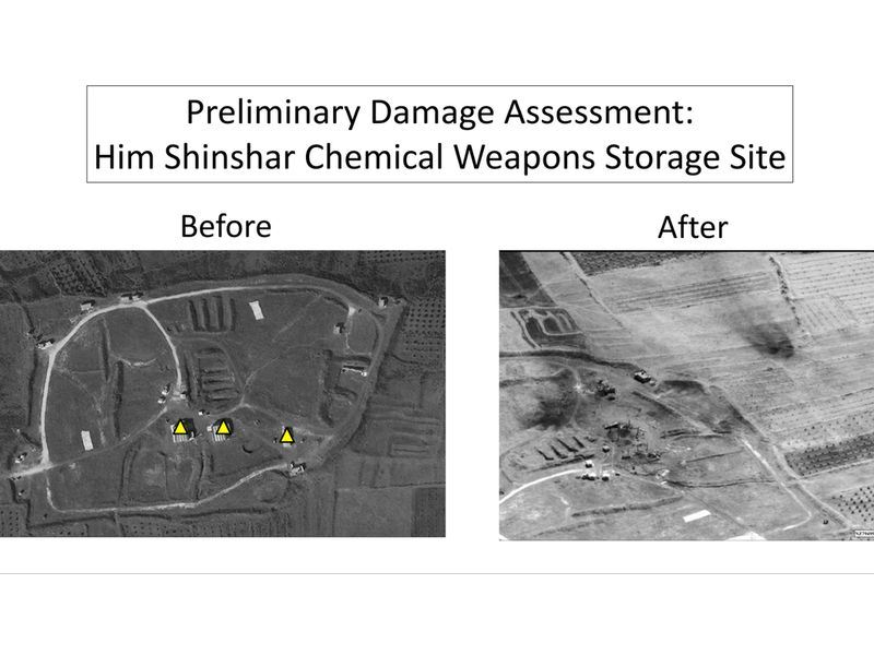 美國國防部14日公布對比照片，顯示敘利亞化武設施已經遭到摧毀，攻擊行動成功。   （圖取自美國國防部網頁www.defense.gov/）
