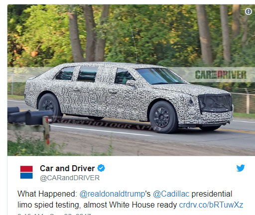 疑似美國總統川普的新座車，被發現在公路試車，全車包了黑白網點外衣，防細節曝光。   圖：翻攝 Car and Driver推特