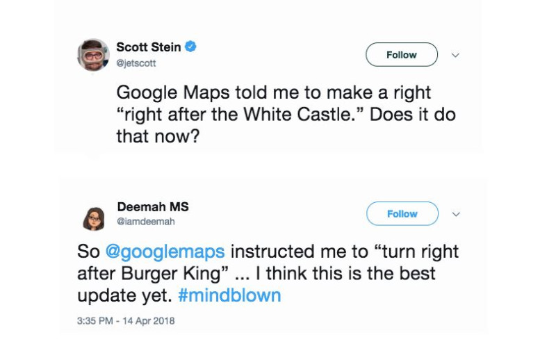 美國用戶發推特表示新版Google Map請他在「前方漢堡王右轉」、「白宮右轉」。   圖：翻攝自 Twitter