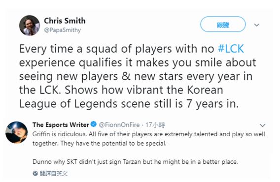 LCK英文解說及ESPN記者都對Griffin的夏季賽表現感到期待。   圖：翻攝自 Chris、Fionn Twitter