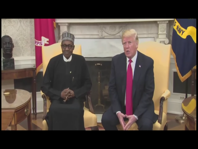 美國總統川普4月30日接見了來訪的奈及利亞總統穆罕默德.布哈里（左）。   圖：翻攝自Youtube