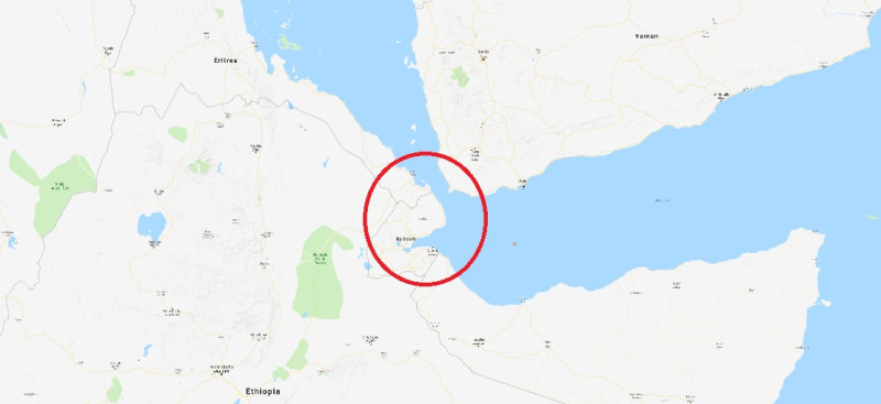 中國與美國在非洲東部的吉布地（紅圈處）都有基地，吉布地更是中國在海外的第一個基地，意義特別重大。   圖：翻攝Google map