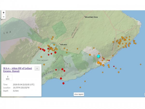 今天清晨夏威夷幾勞亞火山附近發生規模6.9強震。   圖:翻攝自USGS