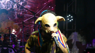血肉果汁機樂團4日晚間在菲國馬卡蒂市參加「台灣之夜」演出，主唱童仲宇戴著招牌山豬頭面具出場。   圖/中央社