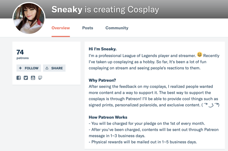 Sneaky在另一則推特表示他於Patreon開設了cosplay的計畫，希望粉絲能與他一起創造更多的扮裝回憶。   圖：翻攝自 Sneaky Twitter