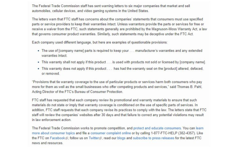 FTC在今年四月發出的聲明稿。   圖：翻攝自 FTC 網站