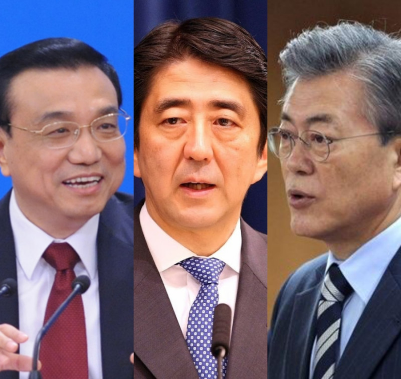 中日韓元首峰會將於明（9）日於東京登場。左起分別為中國代表李克強，日本代表安倍晉三及南韓代表文在寅。   圖：新頭殼/合成