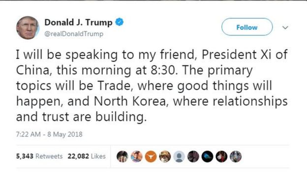 就在「習金會」新聞發出後，美國總統川普在推特上說，他將於美東時間周二早晨8：30分與「友人」習近平通電話。他說，除了會談及貿易問題外，他也將與習近平討論朝鮮問題。   圖：翻攝自Twitter
