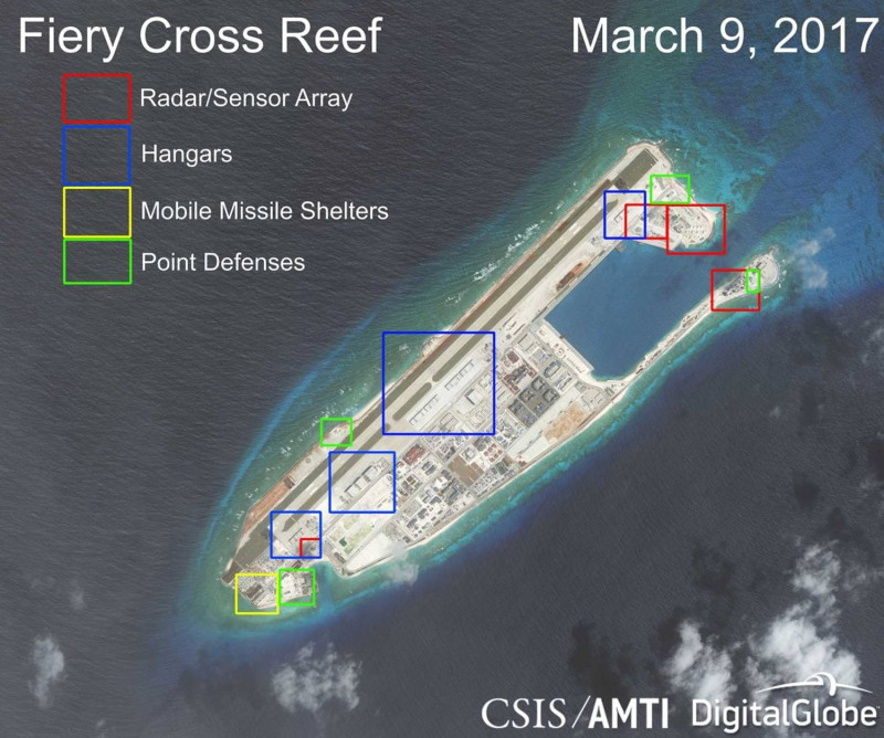 中國在南沙群島設立移動式飛彈，越難要求撤除。   圖 : 翻攝自CSIS