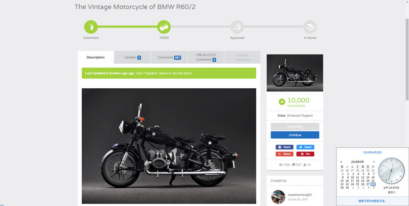 年僅14歲、就讀國二的鄭宇亮創作的樂高作品是根據BMW R60/2實車下去設計，投稿到LEGO ideas，歷經一年多的連署確定達標，成為台灣第一人。圖為4月28日達標時的畫面截圖。   圖：鄭鈞瑋/提供