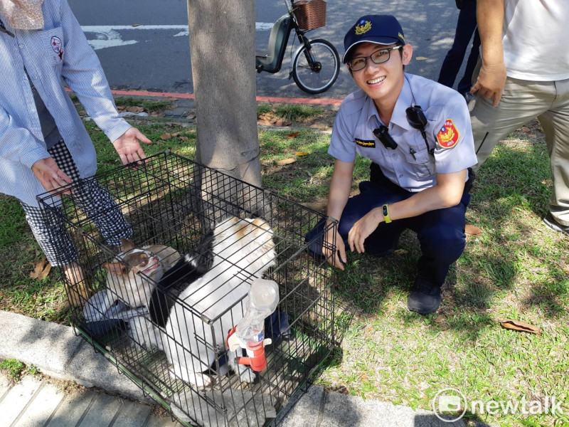 警員蕭嘉成處理車禍時，協助照顧受傷患者的寵物狗，成為毛小孩保姆。   圖：蔡坤龍/攝