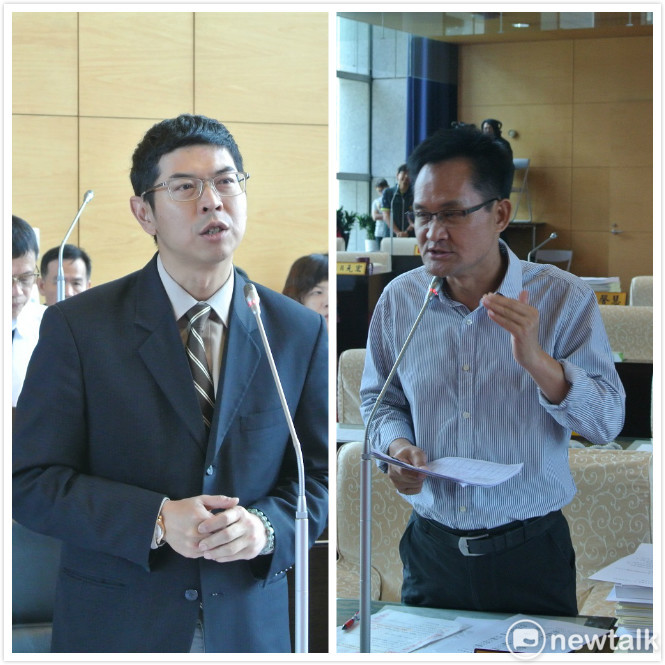 市議員張耀中（右）認為周永鴻（左）身為政務官參選卻不辭職，有違民進黨的慣例。   唐復年/攝