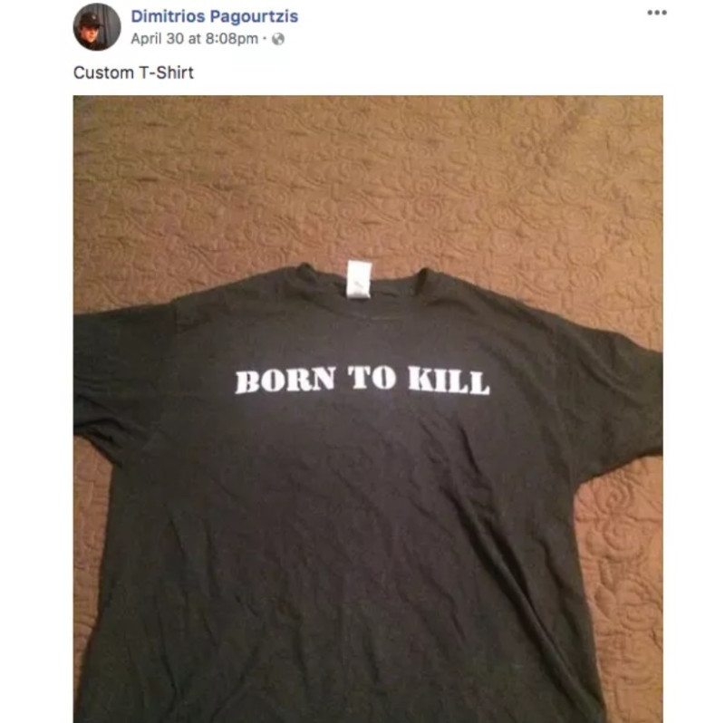 警方已逮捕年僅17歲的槍手帕戈爾特茲斯（Dimitrios Pagourtzis），在他的臉書發現犯案前他公開PO出印有「生來為了殺戮(Born to kill)」字樣的T恤   圖/翻拍自槍手臉書
