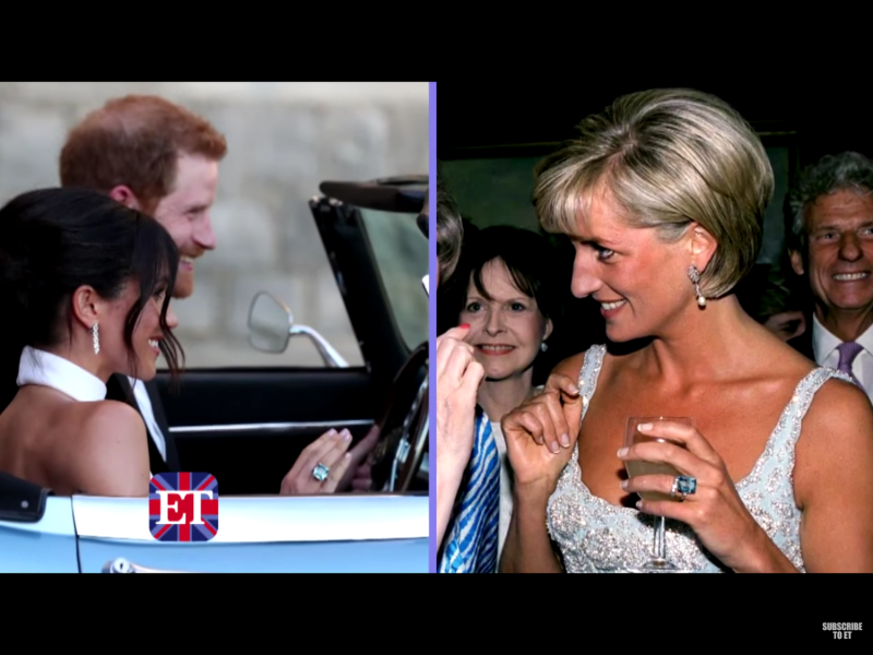 梅根還佩戴了哈利王子已故母親黛安娜王妃（Princess Diana）的大型海藍寶戒指。   圖：翻攝自Youtube