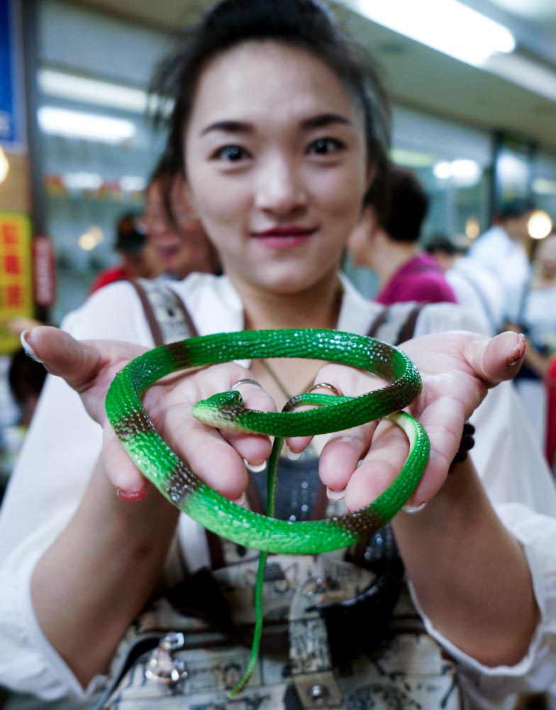 一位女性民眾拿到亞洲蛇肉店的一條綠色仿真蛇回家紀念。   圖：張良一/攝
