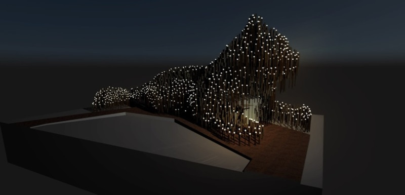 遊客夜間也能觀賞不同的視覺體驗，回收紙管內設置750顆環保LED太陽能燈作為燈光照明，突顯石虎夜間曲面與姿態之美，走進森林石虎夜間生活。   圖：台中市政府提供