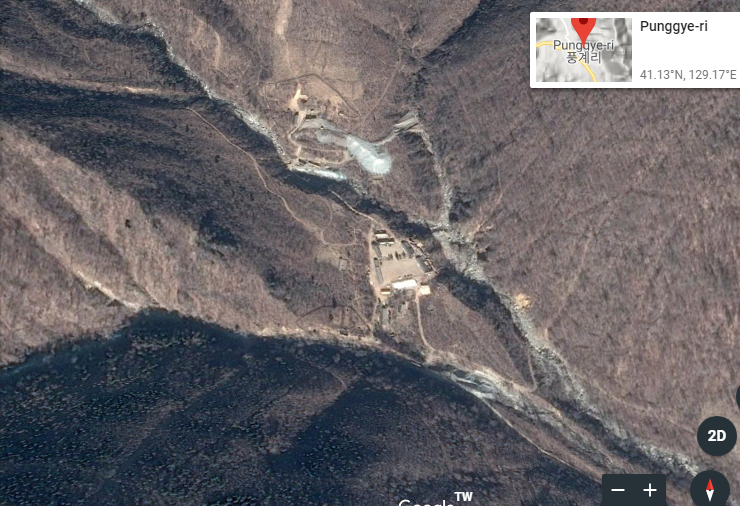 朝鮮豐溪里核試場之前進行6次核子試爆，如今將在國際媒體見證下，正式關閉。   圖：翻攝Google Earth