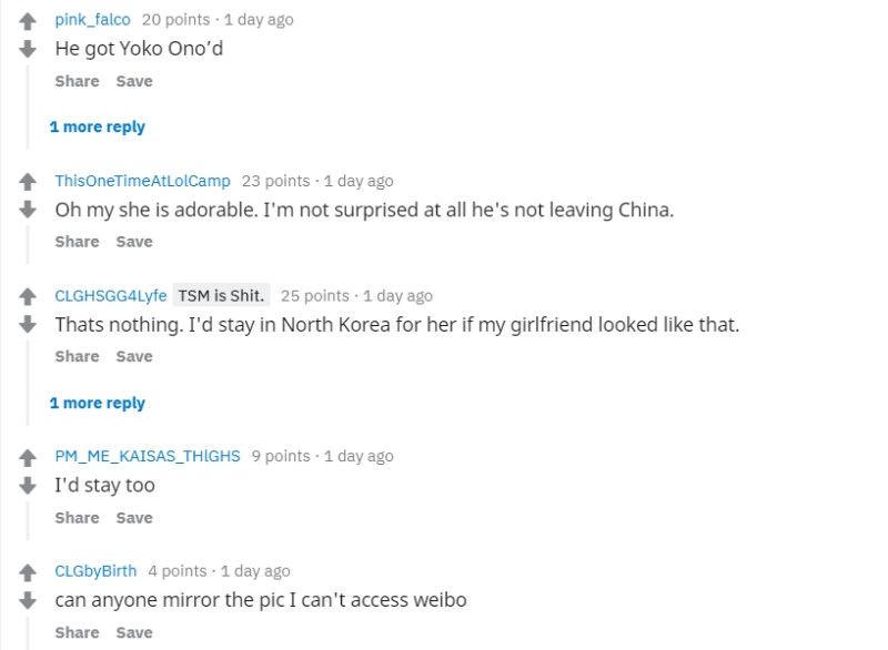 北美論壇「Reddit」上議論紛紛，認為imp應該是因為他的女朋友在中國，有網友表示：「他的女朋友絕對太可愛了，大家沒他責怪他了。」更有人說：「我女朋友如果長這樣讓我留在北韓都沒問題。」   圖：翻攝自 Reddit