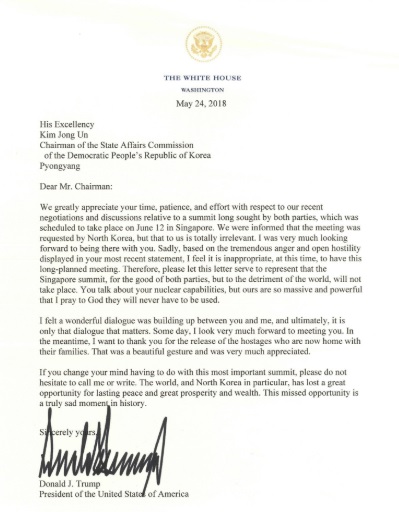 白宮公布美國總統川普給北韓領導人金正恩的公開信，宣布取消原訂6月12日在新加坡舉行的「川金會」。   圖：取自The White House推特