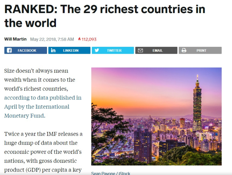 美國網路媒體《BUSINESS INSIDER》根據IMF（國際貨幣基金）4月發布的基於購買力平價（PPP）的人均GDP數據，台灣人平均GDP高達52304美元（約156.55萬元台幣），排名第19，甚至贏過英國、法國、日本和南韓等國家。   圖：翻攝自《BUSINESS INSIDER》官網