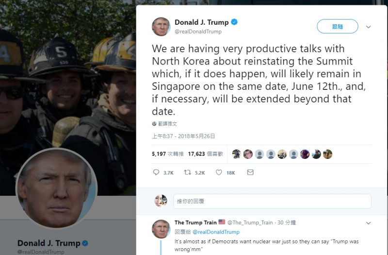 美國總統川普稍早推文，川金會若重啟，日期一樣定在6月12日，地點仍是新加坡。   圖/翻攝自川普推特