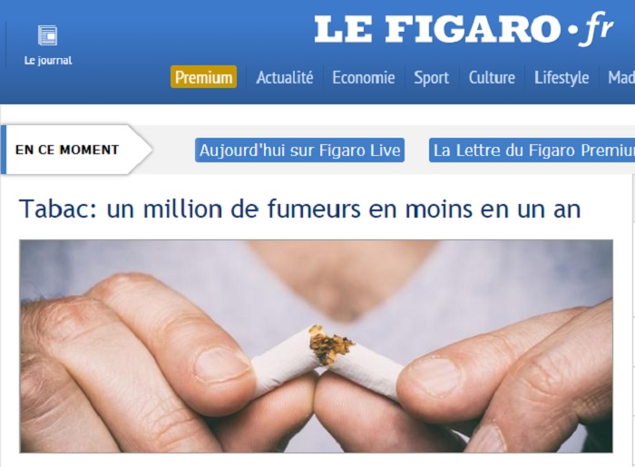 法國近年「以價制量」連續提高菸價，目前一包香菸售價約新台幣279元，果然在一年內減少約100萬抽菸人口。   圖：翻攝Le Figaro官網