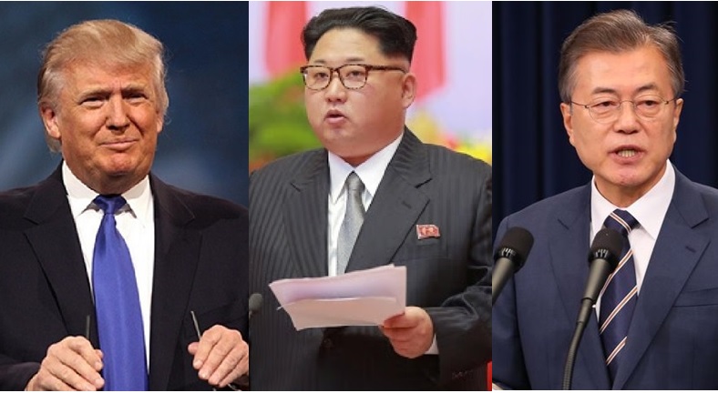 美國總統川普（左）與北韓領導人金正恩（中）預定6月12日在新加坡舉行峰會，傳出南韓總統文在寅（右）獲得邀請，可能舉行三國峰會。   圖：新頭殼合成照