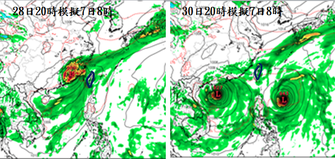28日20時的資料(左圖)顯示，僅1個熱帶擾動在福建；30日20時的資料(右圖)則顯示，有2個熱帶擾動分別在南海及菲律賓東方，西南氣流的型態也差很多。可見模擬有很大的「不確定性」，還不合適用來強調對台的影響情形，因模式還會再變。   圖：翻攝自「三立準氣象．老大洩天機」專欄