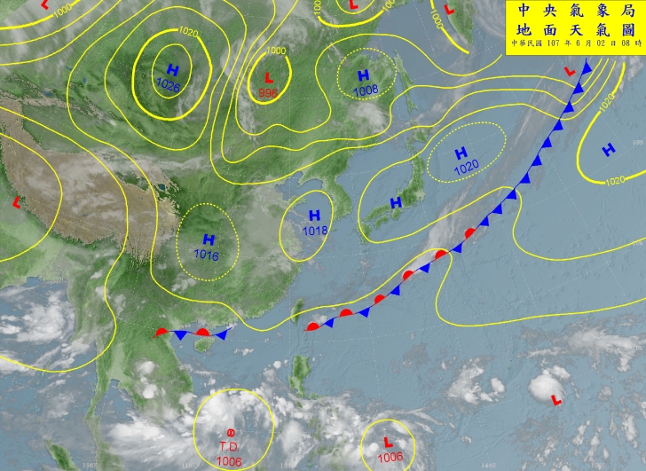 中央氣象局預報員陳建安表示，今(2日)晨8點在南海轉為熱帶性低氣壓，預計最快明(3日)轉為輕颱，將間接影響台灣時間為下周二，主要是東南部水氣增強，降雨機率跟著提升。   圖：中央氣象局提供