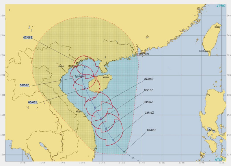 美軍(JTWC)分析南海的熱帶低壓發展成颱後的第一報路徑。   圖：翻攝自《天氣風險 WeatherRisk》FB