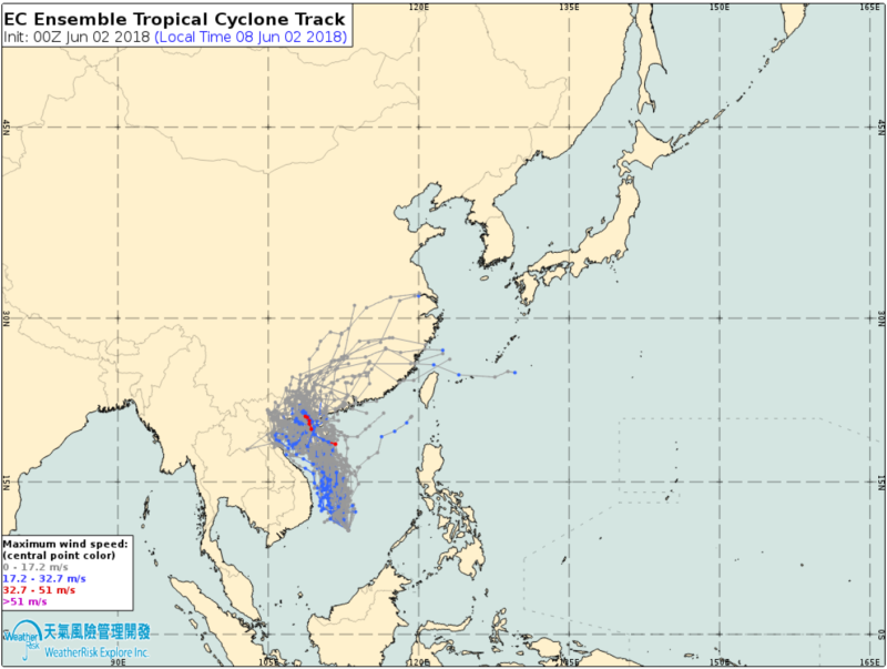 歐洲中期預報中心（ECMWF）分析南海的熱帶低壓發展成颱後的系集預報路徑。   圖：翻攝自《天氣風險 WeatherRisk》FB