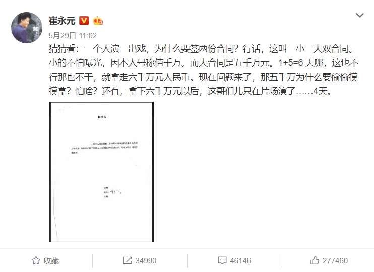 中國前央視主持人崔永元日前在微博上爆料，知名女星范冰冰以「大小合同」簽片約來逃漏稅，引起各界討論，中國地稅局對此也展開調查。   圖：截取自崔永元微博