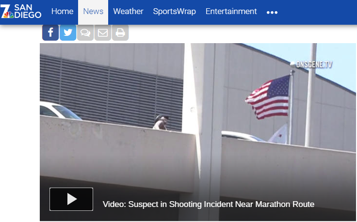 美國聖地牙哥馬拉松賽出現1婦女持槍射擊，根據民眾拍攝影片顯示，該女子躲在附近大樓停車場。   圖：翻攝NBC/7 SAN DIEGO